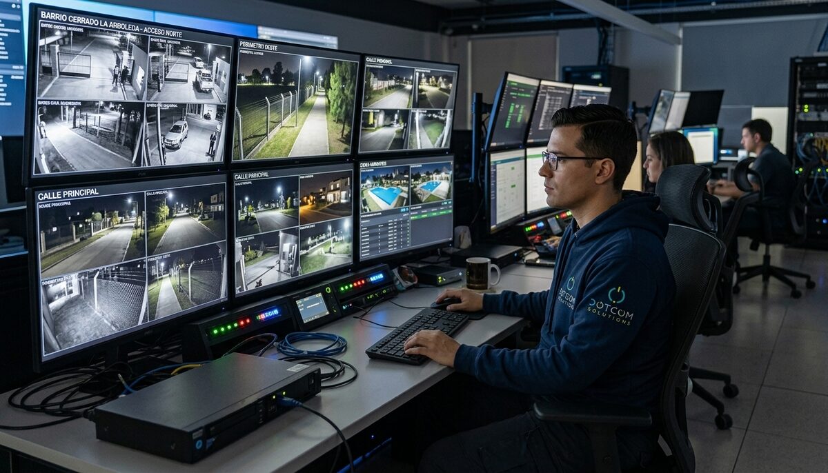 Centro de monitoreo de Dotcom Sistemas, técnico supervisando cámaras de seguridad